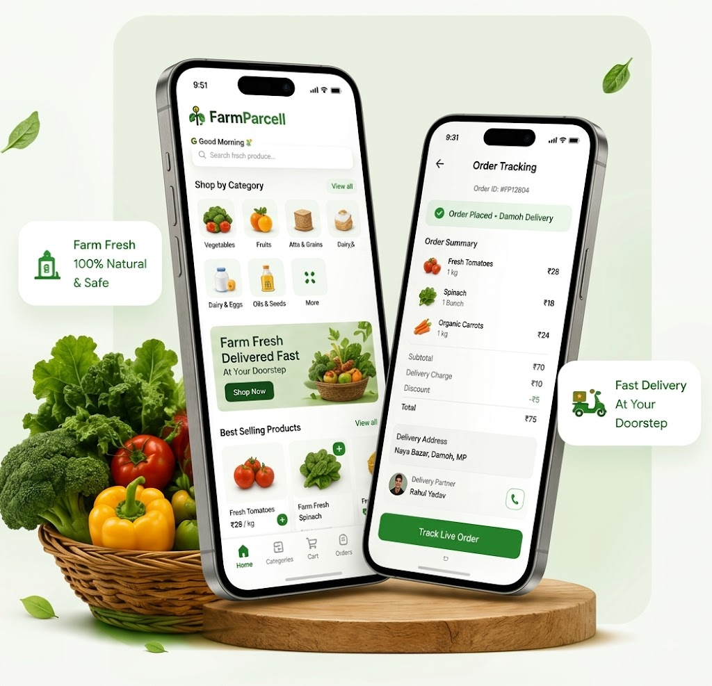 FarmParcell Mobile App - Fresh Farm Grocery Delivery in Damoh